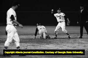 First Major League Baseball game in the southeast (Atlanta Braves against the Pittsburgh Pirates), Braves second baseman Frank Bolling, Atlanta Stadium, Atlanta, Georgia, April 12, 1966.
