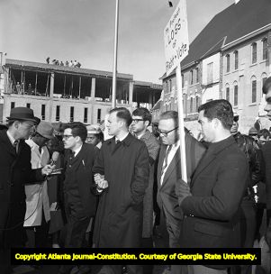 Demonstrators picketing outside of the Georgia State Capitol during Lester Maddox's inauguration, Atlanta, Georgia, January 10, 1967.