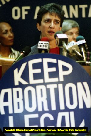 Planned Parenthood representative speaking at rally in response to the Supreme Court ruling Webster v. Reproductive Health Services, Atlanta, Georgia, July 3, 1989.