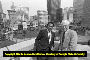 Mayor Andrew Young with former Mayor Ivan Allen, Jr., atop the 10 Park Place building, overlooking Woodruff Park, Atlanta, Georgia, April 23, 1987.