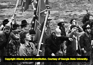 White supremacists with Confederate flags protesting the Forsyth County freedom march, Georgia, January 17, 1987.