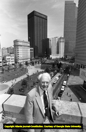 Former Atlanta Mayor Ivan Allen, Jr., atop the 10 Park Place building, overlooking Woodruff Park, Atlanta, Georgia, April 23, 1987.