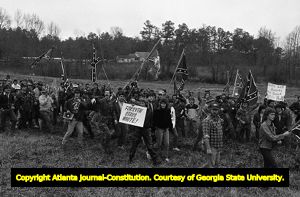 White supremacy activists picketing at the Forsyth County freedom march, Georgia, January 17, 1987.