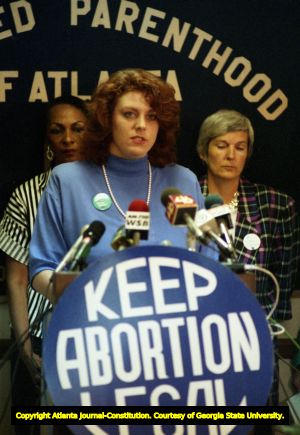 Planned Parenthood representative speaking at rally in response to the Supreme Court ruling Webster v. Reproductive Health Services, Atlanta, Georgia, July 3, 1989.