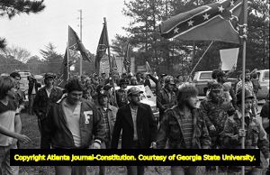 White supremacists with Confederate flags protesting the Forsyth County freedom march, Georgia, January 17, 1987.