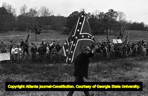 White supremacy activists with Confederate flags protesting the Forsyth County freedom march, Georgia, January 17, 1987.