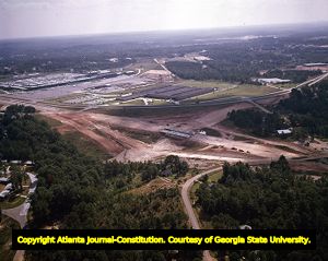 Aerial view over the construction of Peachtree Industrial Boulevard and Interstate 285, Atlanta, Georgia, September 27, 1961.