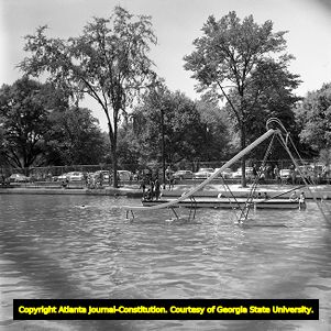 Swimmers enjoying the newly integrated Lake Meer, Piedmont Park, Atlanta, Georgia, June 12, 1963.