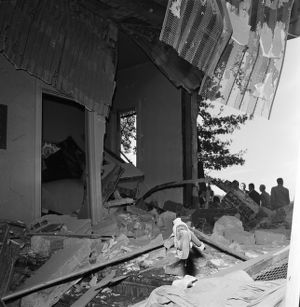 Bomb damage and other debris at the Hebrew Benevolent Congregation (later known as simply The Temple) following a racially motivated terrorist attack, Atlanta, Georgia, October 12, 1958.