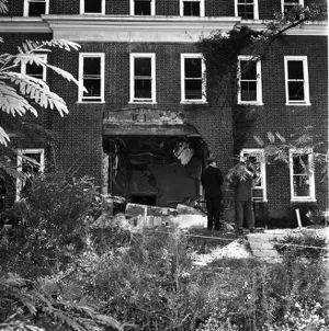 Blast damage to the Hebrew Benevolent Congregation (later known as simply The Temple) following a racially motivated bombing, Atlanta, Georgia, October 12, 1958.