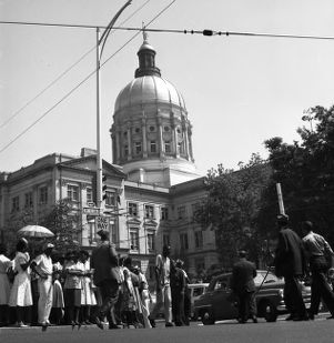 African American marchers gathered in front of the Georgia State Capitol during a civil rights march, Atlanta, Georgia, May 17, 1960.