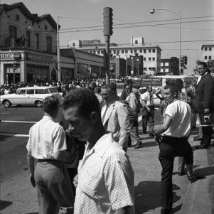 African American marchers and white spectators on Hunter Street (later Martin Luther King Jr. Drive) during a civil rights march on the Georgia State Capitol, Atlanta, Georgia, May 17, 1960.
