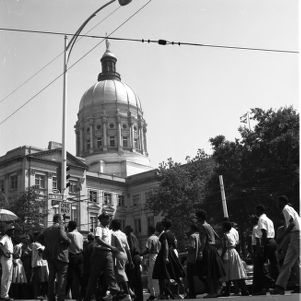 African American marchers gathered in front of the Georgia State Capitol during a civil rights march, Atlanta, Georgia, May 17, 1960.