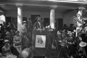 Senator John F. Kennedy speaking at Franklin Delano Roosevelt's Little White House, during his presidential campaign, Warm Springs, Georgia, October 10, 1960.