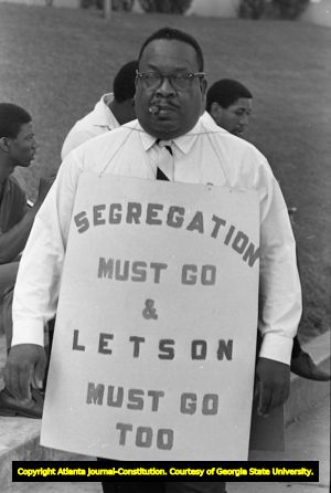 African American picketer outside of the Atlanta Public Schools building, Atlanta, Georgia, September 19, 1967.