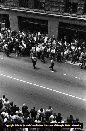Lester Maddox and his followers picketing at the Atlanta Journal and Constitution building, Atlanta, Georgia, June 4, 1970.