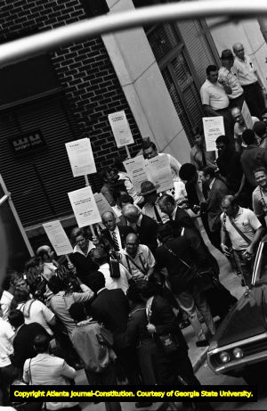 Lester Maddox and his followers picketing at the Atlanta Journal and Constitution building, Atlanta, Georgia, June 4, 1970.
