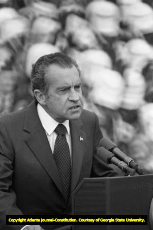President Richard Nixon speaking at Honor America Day event, Huntsville, Alabama, February 18, 1974.