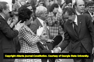 Alabama Governor George Wallace and President Richard Nixon shaking hands at a Honor America Day event, Huntsville, Alabama, February 18, 1974.