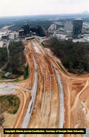Georgia 400 construction near Buckhead, looking south towards the Atlanta Financial Center, Atlanta, Georgia, March 4, 1990.