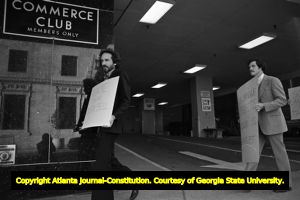 Lawyers protesting against the legal establishment's endorsement of Herman Talmadge, Commerce Club, Atlanta, Georgia, March 6, 1980.