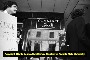 Lawyers protesting against the legal establishment's endorsement of Herman Talmadge, Commerce Club, Atlanta, Georgia, March 6, 1980.