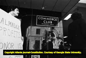 Lawyers protesting against the legal establishment's endorsement of Herman Talmadge, Commerce Club, Atlanta, Georgia, March 6, 1980.
