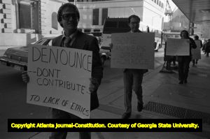 Lawyers protesting against the legal establishment's endorsement of Herman Talmadge, Commerce Club, Atlanta, Georgia, March 6, 1980.
