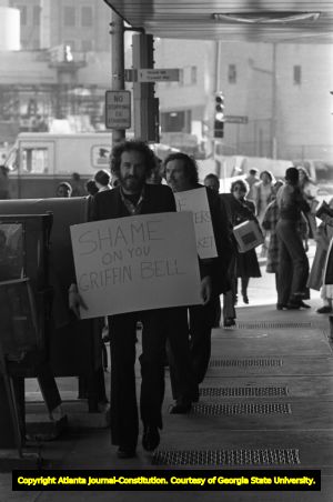 Lawyers protesting against the legal establishment's endorsement of Herman Talmadge, Commerce Club, Atlanta, Georgia, March 6, 1980.