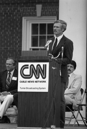 Ted Turner speaking at the launch of CNN, Turner Studios, Atlanta, Georgia, June 1, 1980.