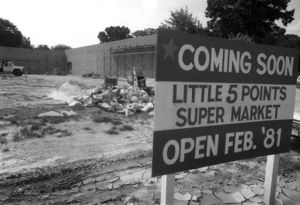 Construction site for a shopping center along Moreland Avenue in Little 5 Points, Atlanta, Georgia, September 11, 1980.