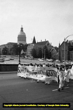 Pro-choice marchers heading north on Central Avenue, Atlanta, Georgia, August 23, 1980.