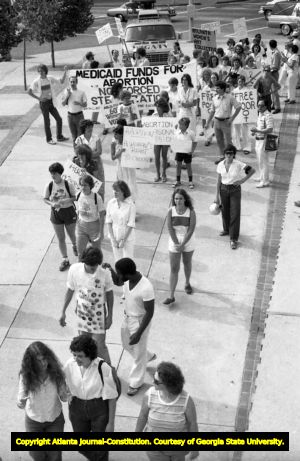 Pro-choice marchers rallying in Woodruff Park, Atlanta, Georgia, August 23, 1980.
