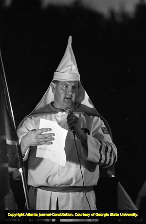 Ku Klux Klan member speaking at a KKK rally in Buchanan, Georgia, June 20, 1981.