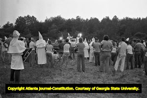 Crowd listening to a speaker at a Ku Klux Klan rally in Buchanan, Georgia, June 20, 1981.