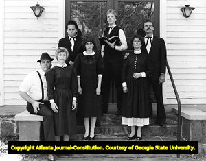 Members of the Kennesaw College Opera Theatre rehearsing for Carlisle Floyd's "Susannah", Kennesaw State University (then Kennesaw College), May 1987.