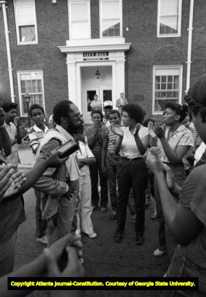 African American protest rally gathered in front of city hall in Cartersville, Georgia, September 22, 1980.