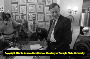 Herman Talmadge speaking to the press during his last day as a Georgia senator, Atlanta, Georgia, December 5, 1980.