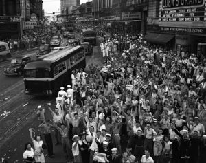 Soldiers and others celebrate V-J Day ("Victory over Japan Day") on Peachtree Street, Atlanta, Georgia, August 14, 1945.
