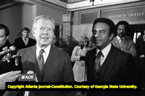 Former president Jimmy Carter and newly elected mayor Andrew Young, City Hall, Atlanta, Georgia, January 11, 1982.