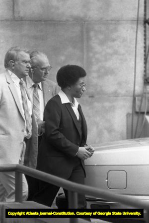 Serial murderer Wayne Williams leaving court in handcuffs, Atlanta, Georgia, February 24, 1982.