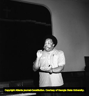 Hosea Williams speaking at the Wheat Street Baptist Church during a MARTA rally, Atlanta, Georgia, August 3, 1980.