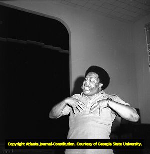 Hosea Williams speaking at the Wheat Street Baptist Church during a MARTA rally, Atlanta, Georgia, August 3, 1980.