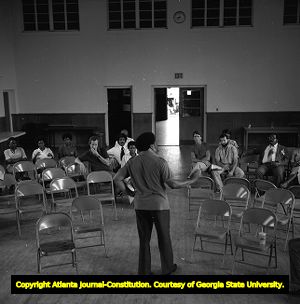 Hosea Williams speaking at the Wheat Street Baptist Church during a MARTA rally, Atlanta, Georgia, August 3, 1980.