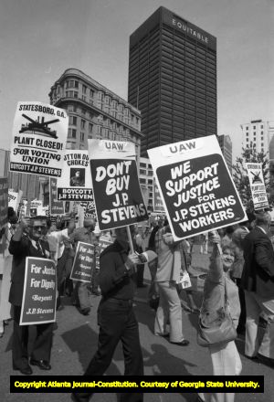 Protestors boycotting the J.P. Stevens Company, Woodruff Park, Atlanta, Georgia, October 16, 1980.