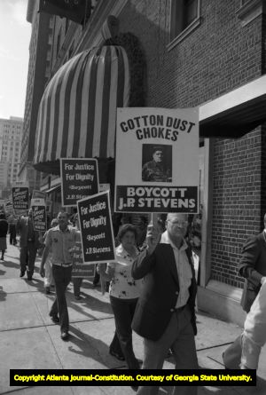 Protestors boycotting the J.P. Stevens Company on Peachtree Center Avenue, Atlanta, Georgia, October 16, 1980.