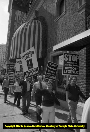 Protestors boycotting the J.P. Stevens Company on Peachtree Center Avenue, Atlanta, Georgia, October 16, 1980.