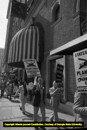 Protestors boycotting the J.P. Stevens Company on Peachtree Center Avenue, Atlanta, Georgia, October 16, 1980.