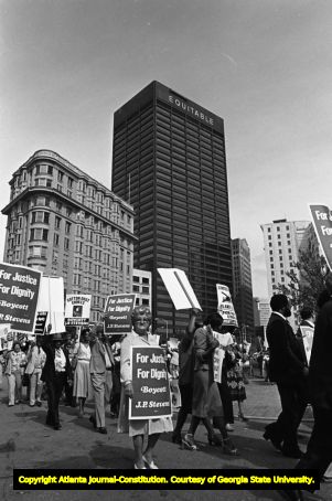 Protestors boycotting the J.P. Stevens Company, Woodruff Park, Atlanta, Georgia, October 16, 1980.