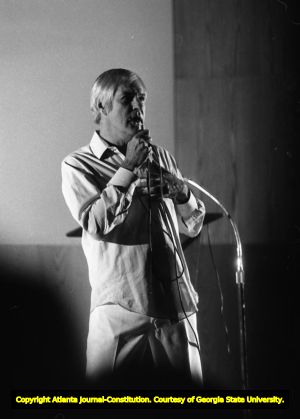 Psychologist Timothy Leary speaking at Emory University, Atlanta, Georgia, November 18, 1980.